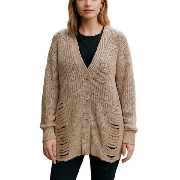 Derek Heart Shredded Cardigan Sweater Size Large Nude Button Down Long Sleeve - Picture 1 of 7